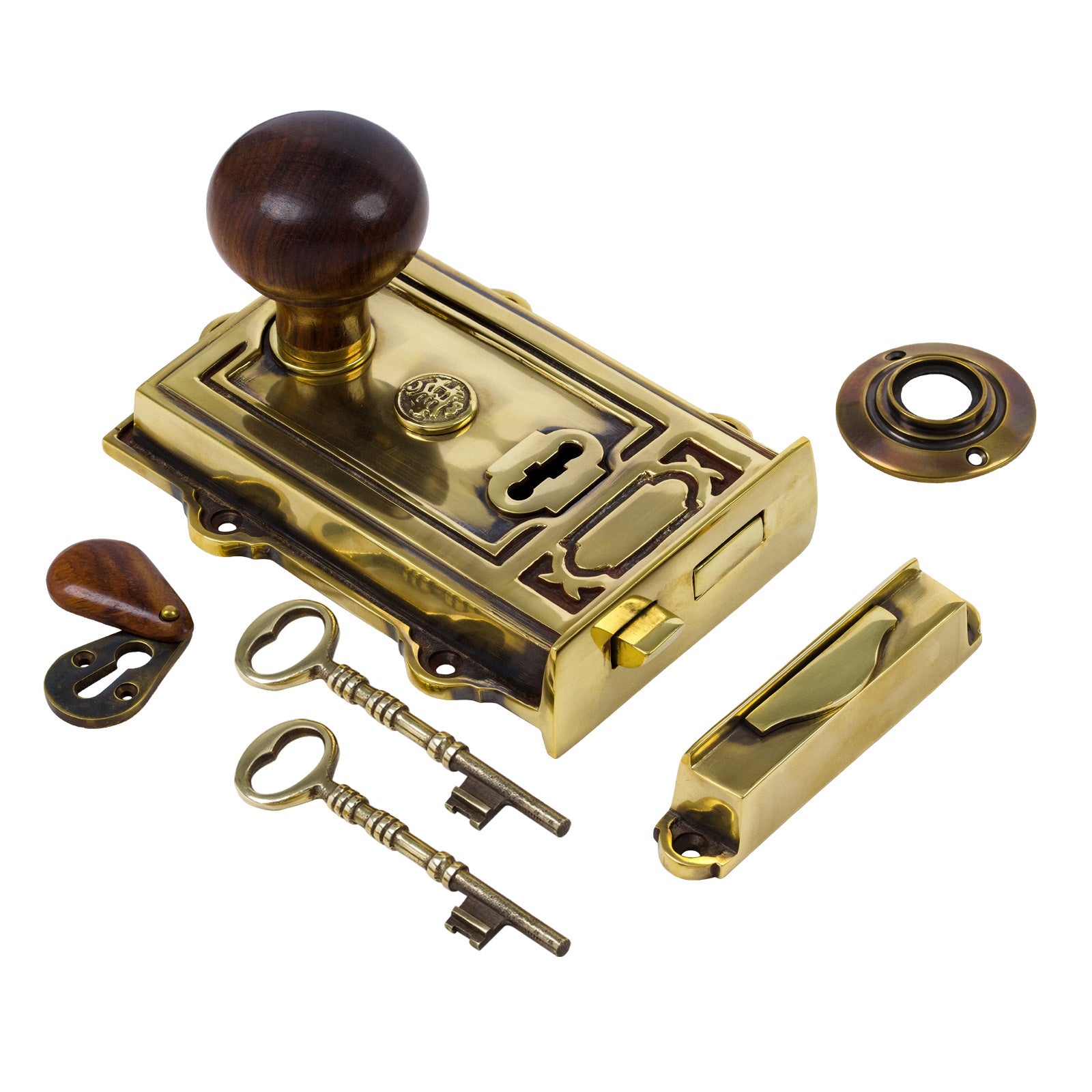 Ornate Antique Brass Rim Lock & Knob Sets