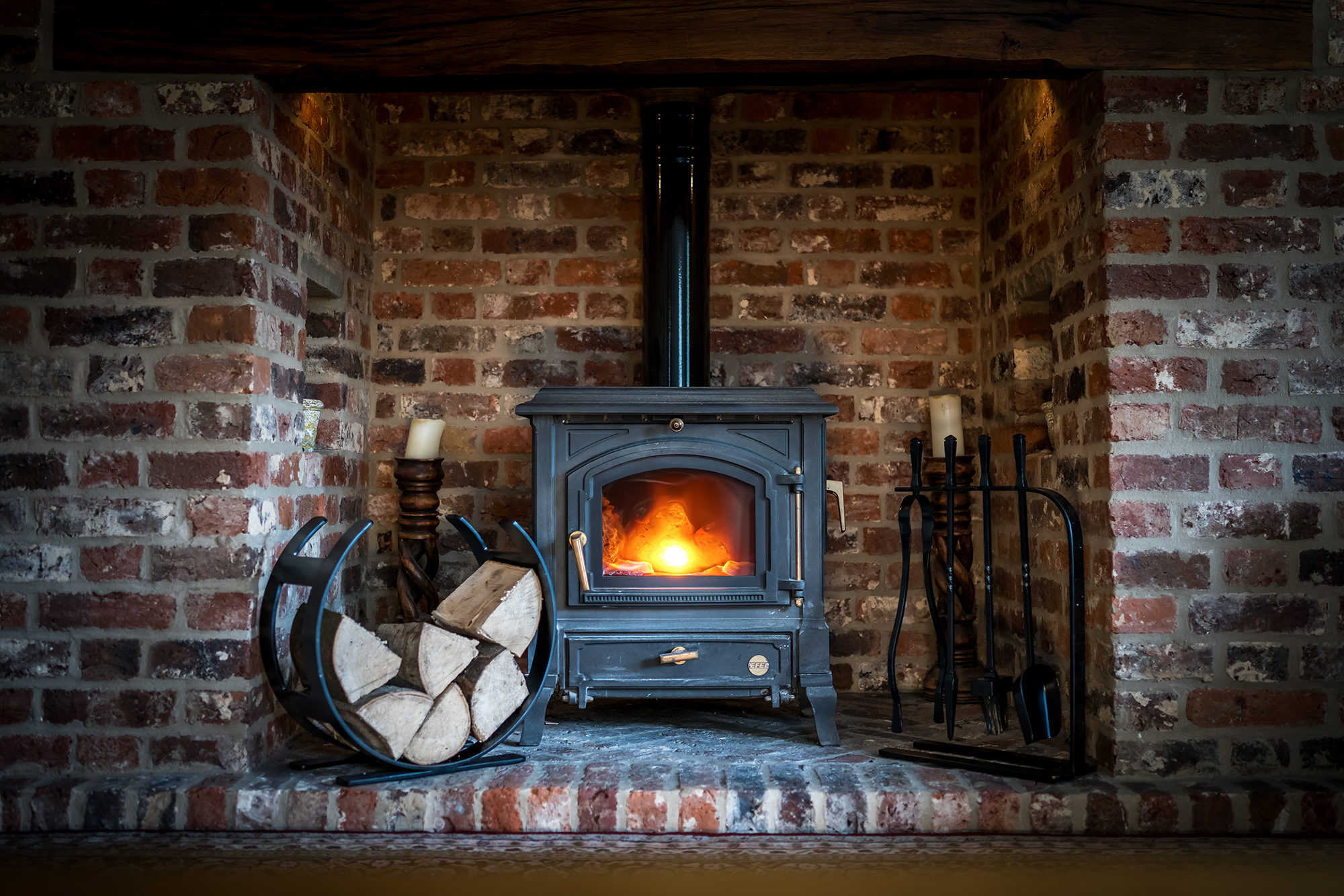 Fireplace with log holder and companion set