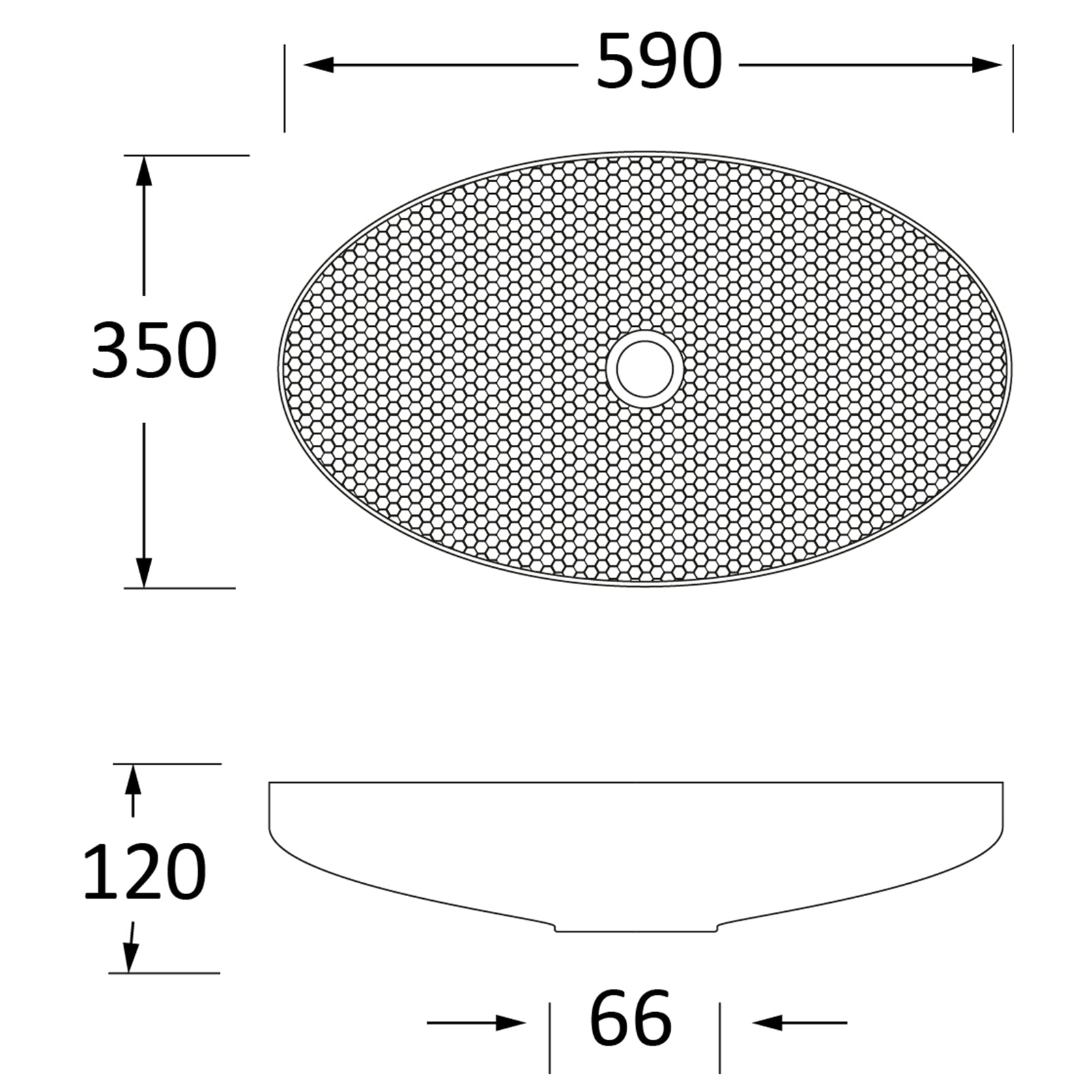 SHOW Techincal Dimensions of Hammered Oval Sink