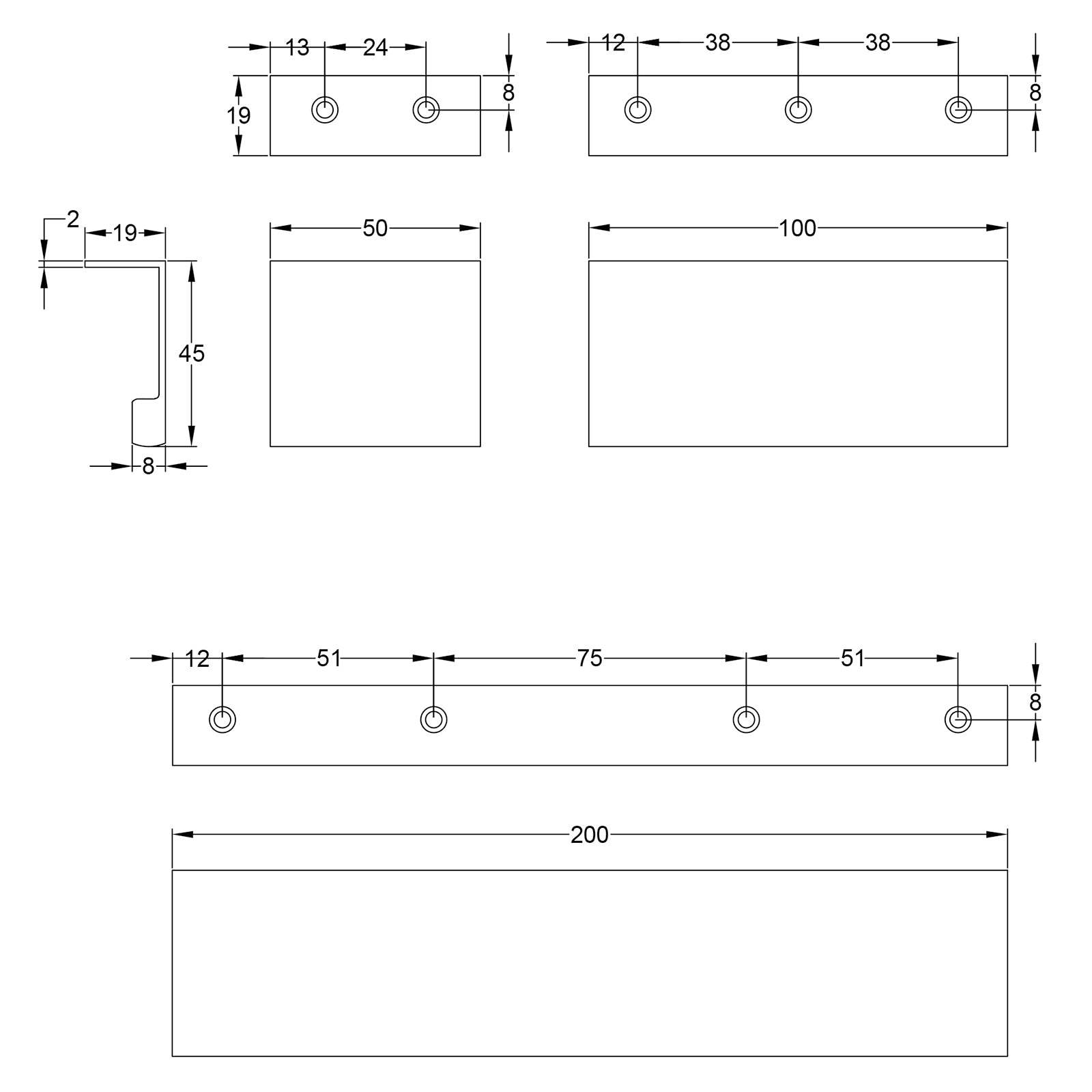 square lip cabinet edge pull technical drawing SHOW