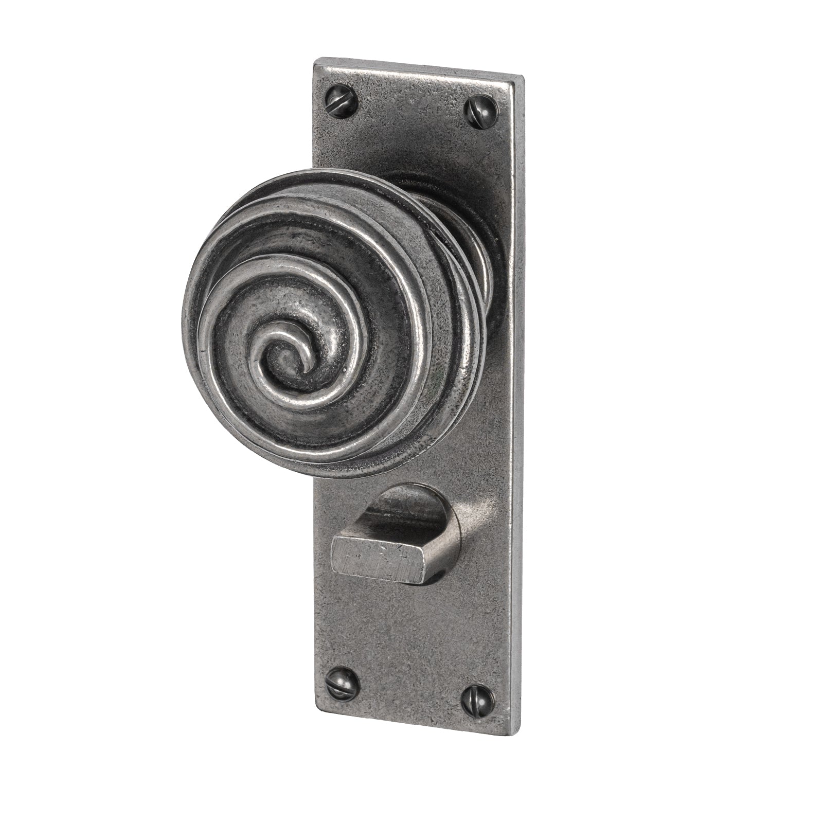 Swirl Pewter Door Knobs On Narrow Backplate bathroom