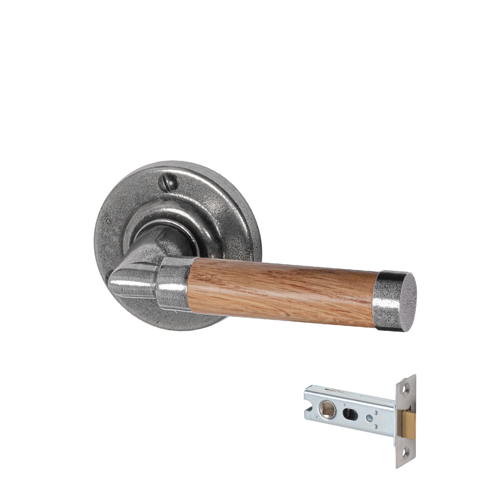 Milton Pewter Door Handles On Round Rose latch set