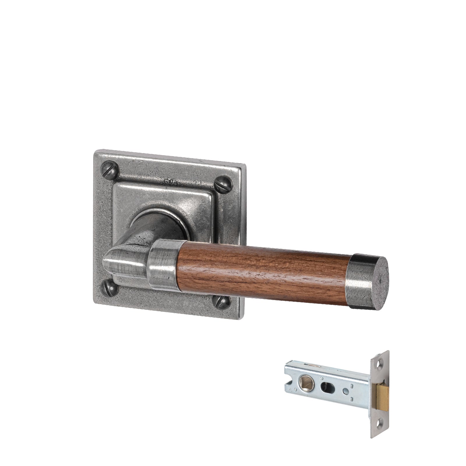 pewter door handles, Finesse pewter, pewter and walnut handles, lever on square rose door handles