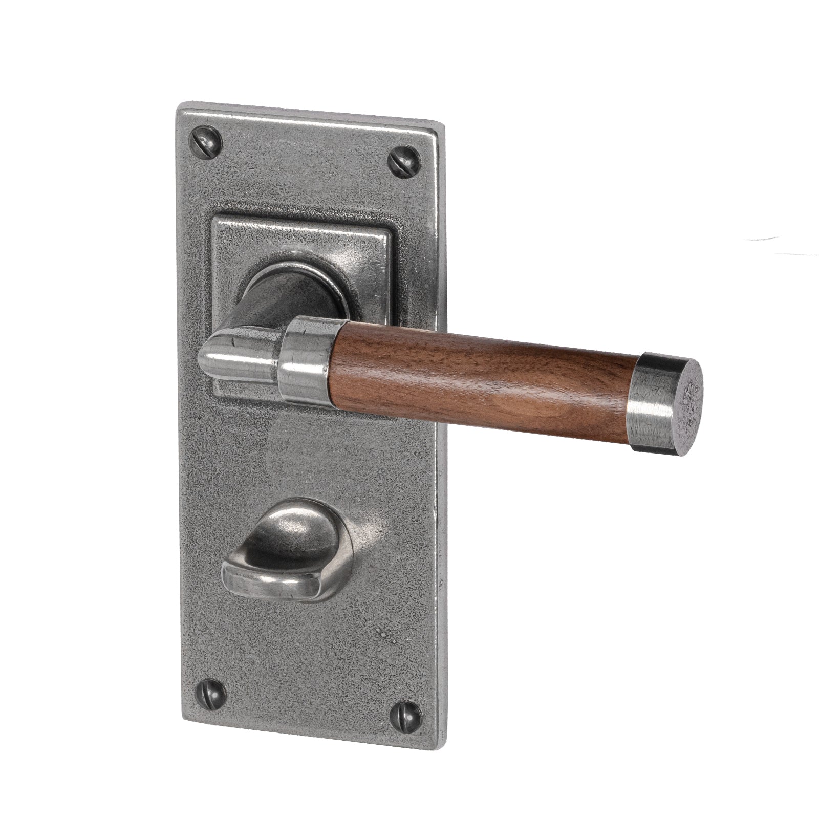 pewter door handles, latch handles, Finesse pewter, Jesmond backplate, pewter and walnut handles, lever on backplate door handles