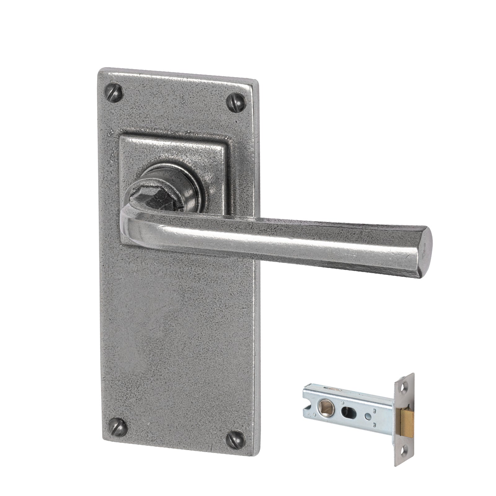 Tunstall Pewter Door Handles On Wide Backplate long latch set